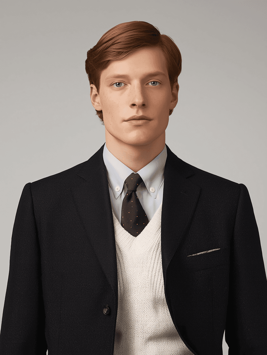 A man with light skin and red hair in a suit, sweater, and tie poses against a neutral background. The expression is neutral, conveying professionalism.