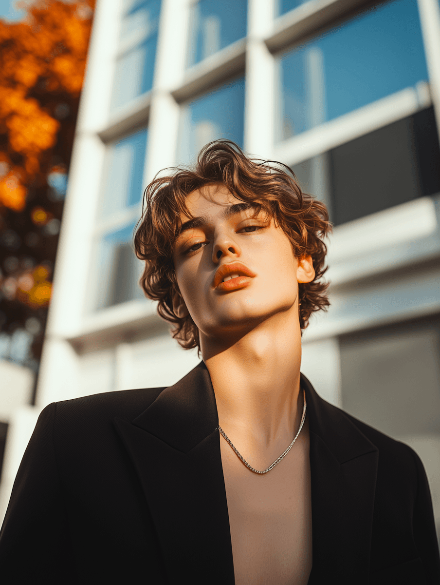 Young person with wavy hair poses confidently in sunlight against a modern building backdrop. Wears a black blazer and silver necklace, conveying elegance.