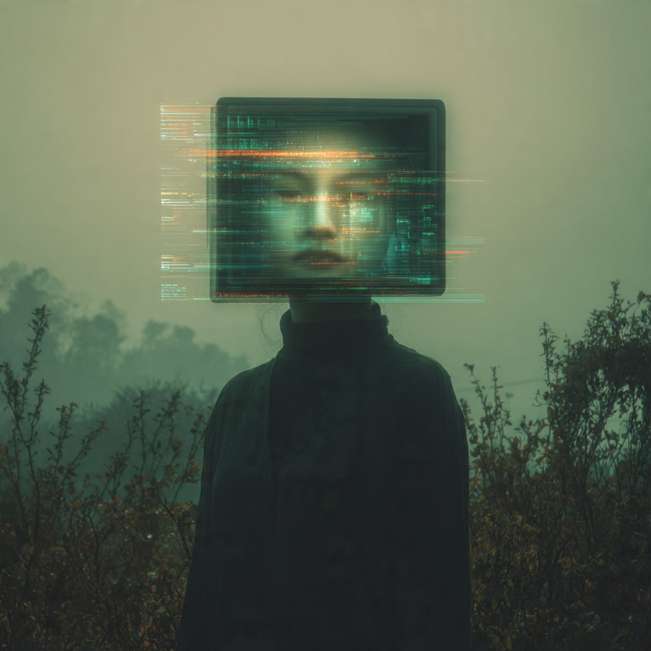 Person in fog with a glowing, glitching computer monitor head, dark cyberpunk portrait.