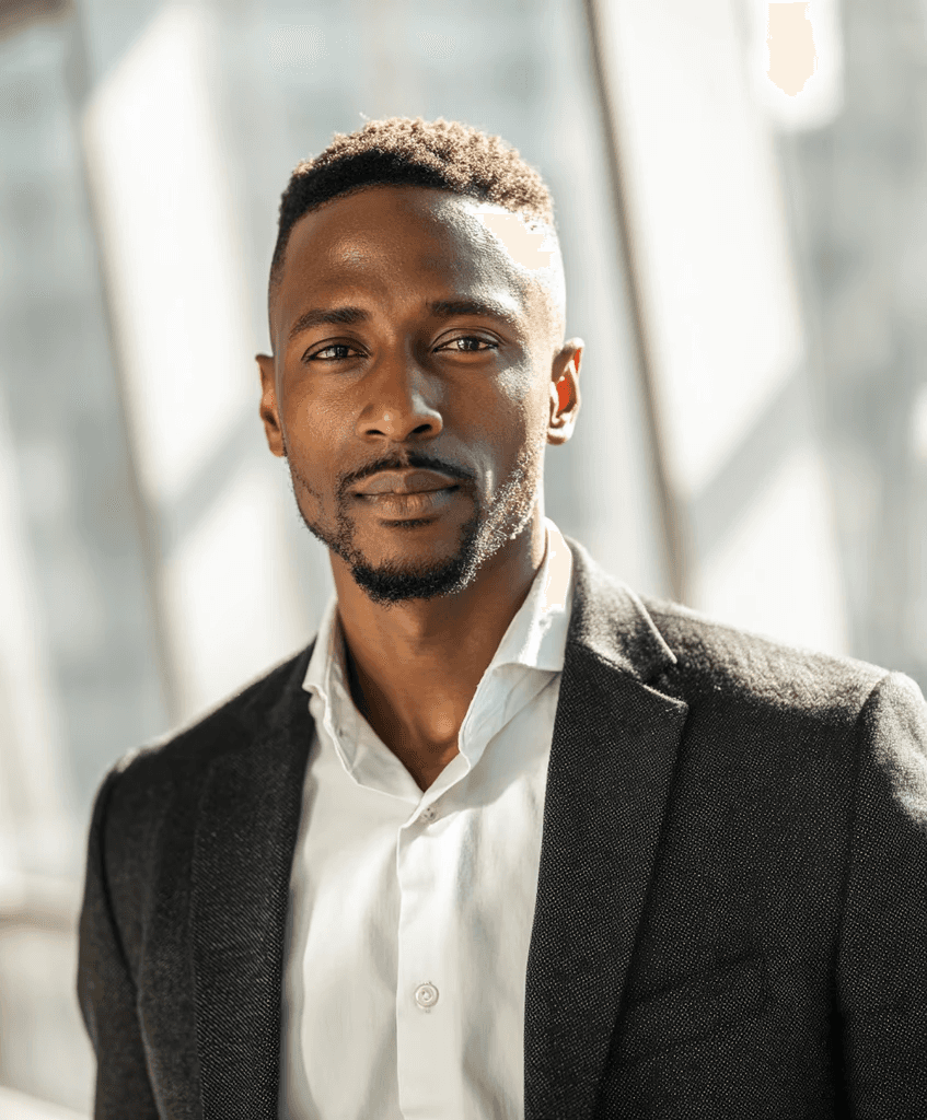 A person in a white shirt black coat with the fair skin looking infront